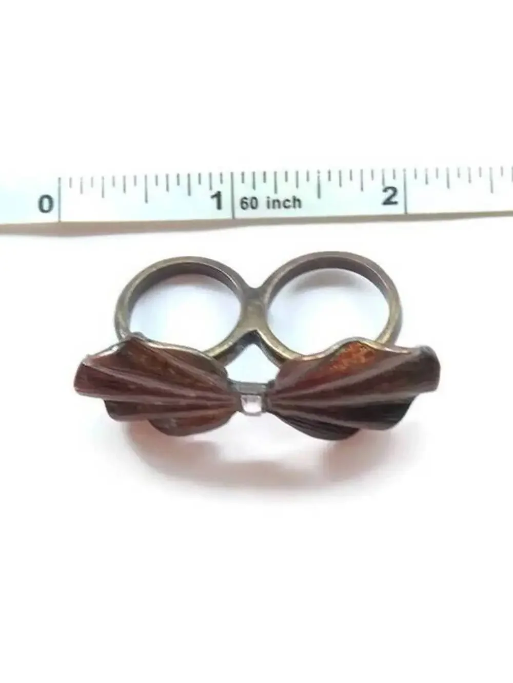 Vintage Brass Tone & Rhinestones Two Finger Ring, Bow Ring, Double Finger Ring.